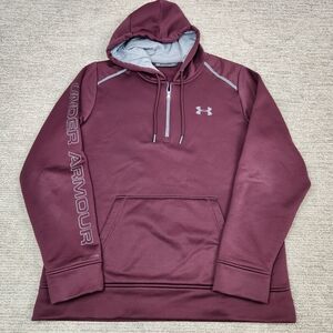 Under Armour 1/4 Zip Hoodie Mens Large Maroon Sweatshirt Arm Spellout ColdGear